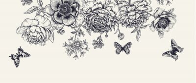 Papillons au milieu de fleurs de pivoine dans un style vintage