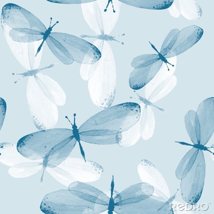 Papier peint  Papillons blancs et bleus sur fond bleu