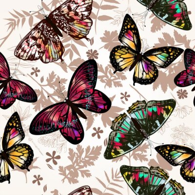 Papier peint  Papillons colorés et feuilles brunes