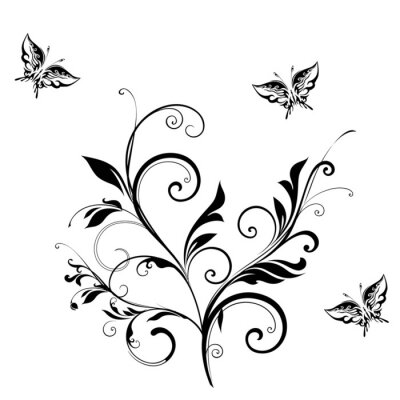 Papier peint  Papillons dessinés sur une fleur noire