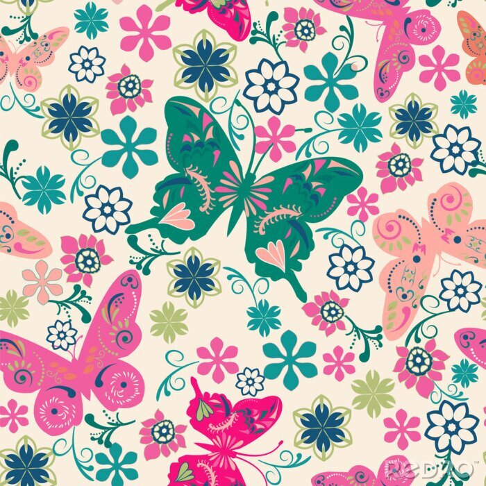 Papier peint  Papillons et fleurs à motifs colorés