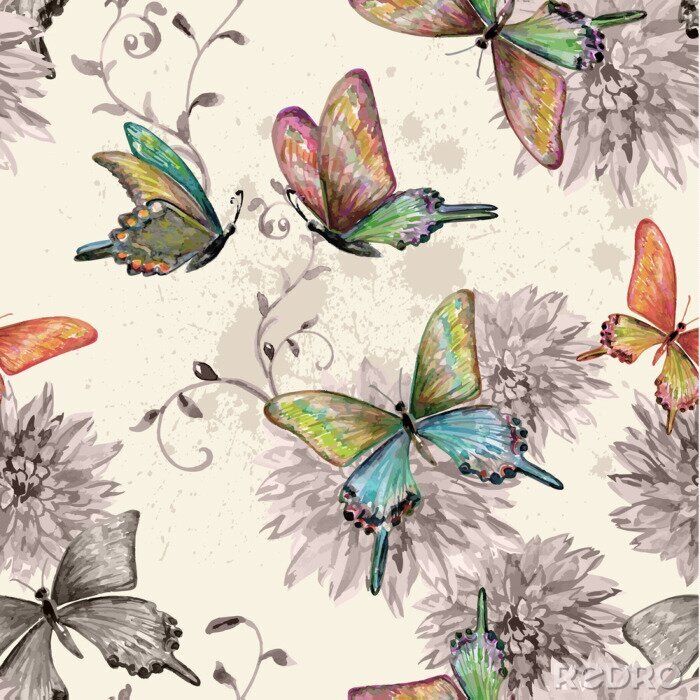 Papier peint  Papillons et fleurs de style rétro