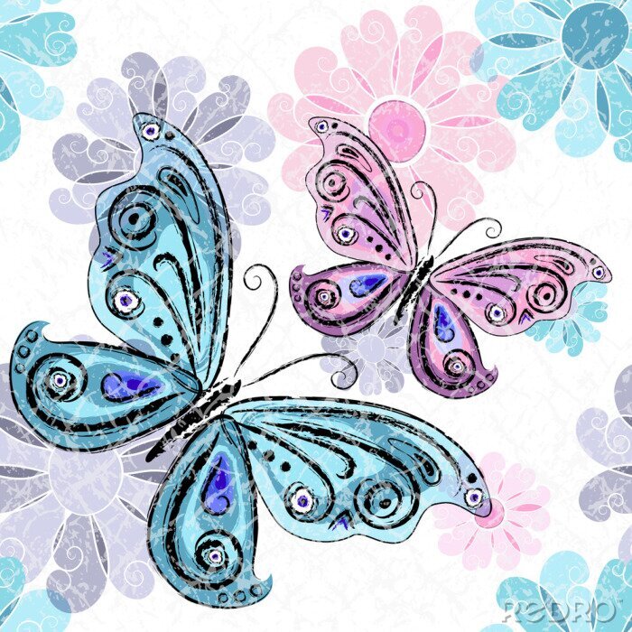 Papier peint  Papillons et fleurs pastel