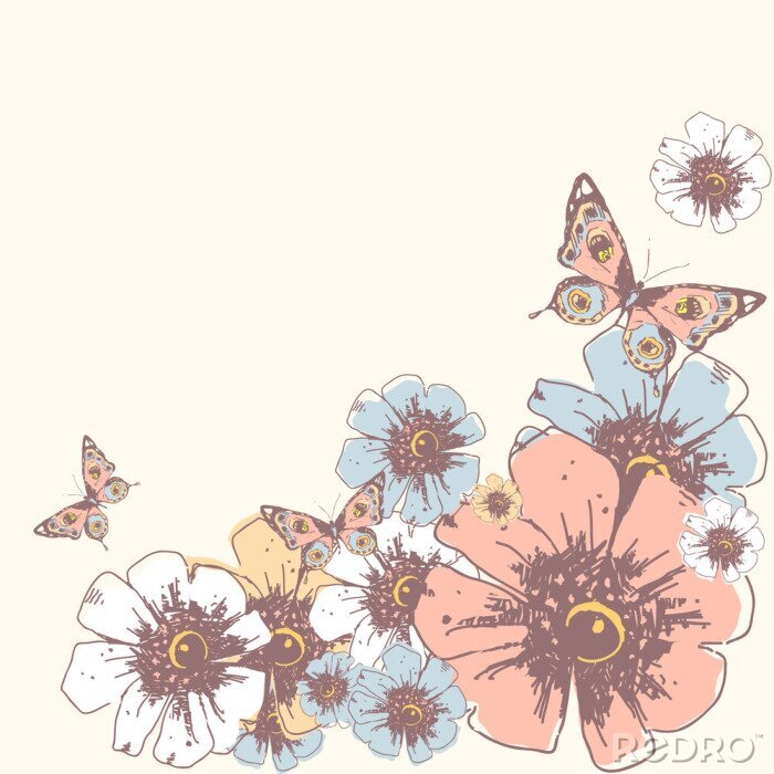 Papier peint  Papillons et fleurs sur fond beige