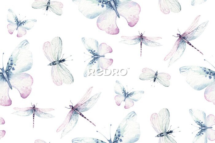 Papier peint  Papillons et libellules aquarellés sur fond blanc
