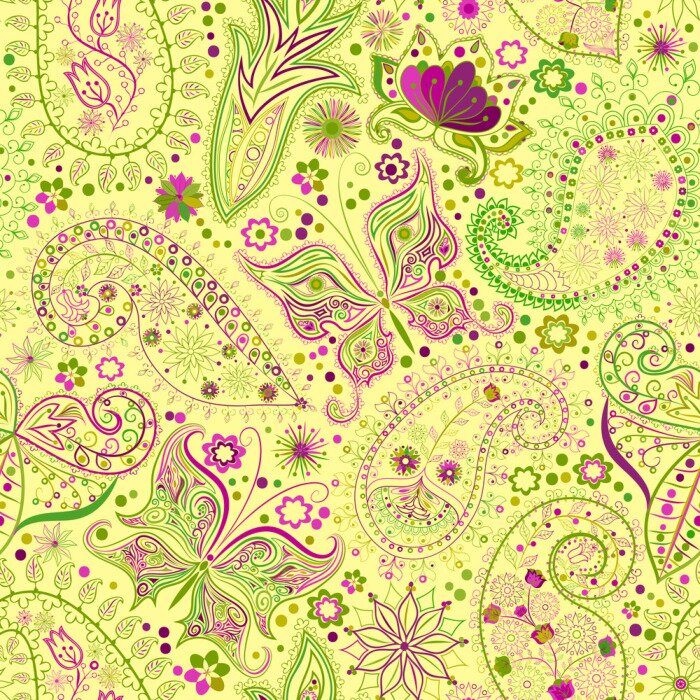 Papier peint  Papillons éthno et fleurs