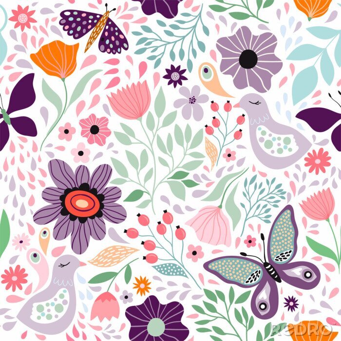 Papier peint  Papillons, oiseaux et fleurs de fille