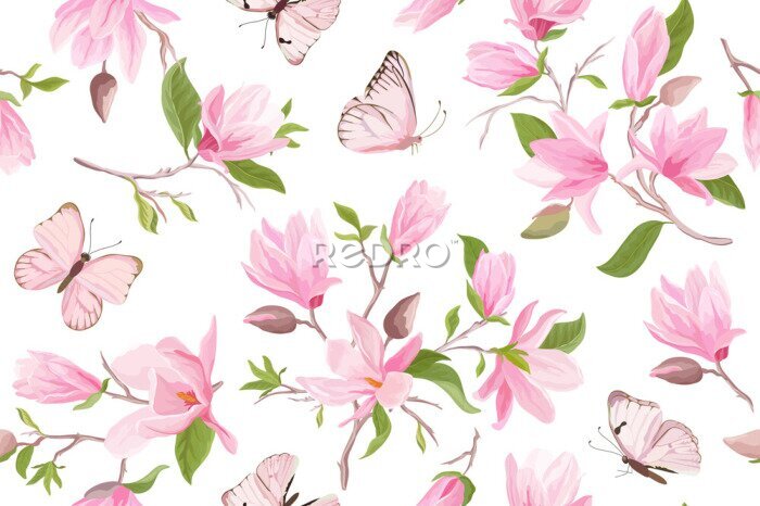 Papier peint  Papillons roses et fleurs de magnolia
