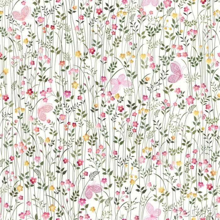 Papier peint  Papillons roses sur un pré avec des fleurs