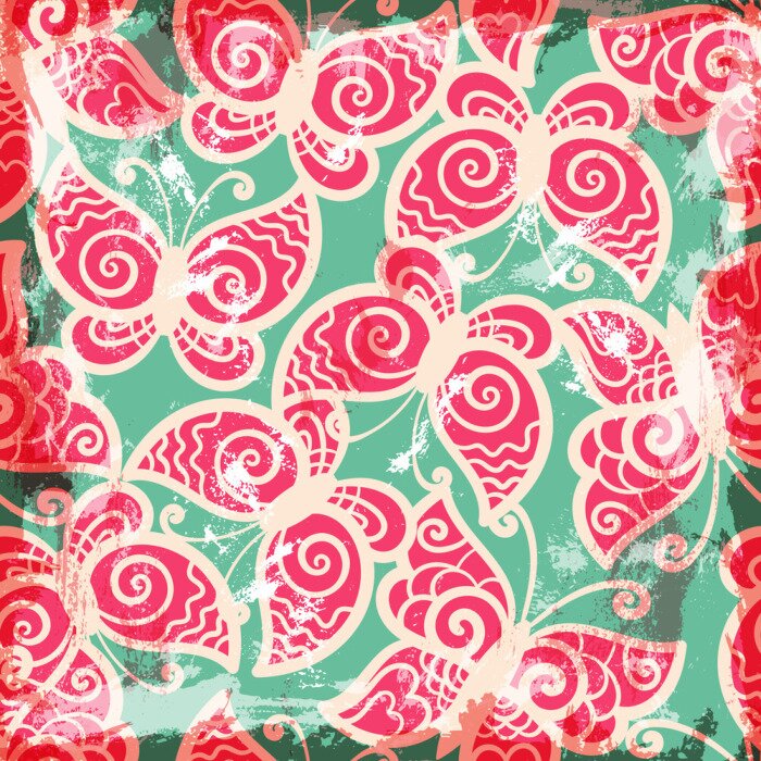 Papier peint  Papillons rouges sur fond vert