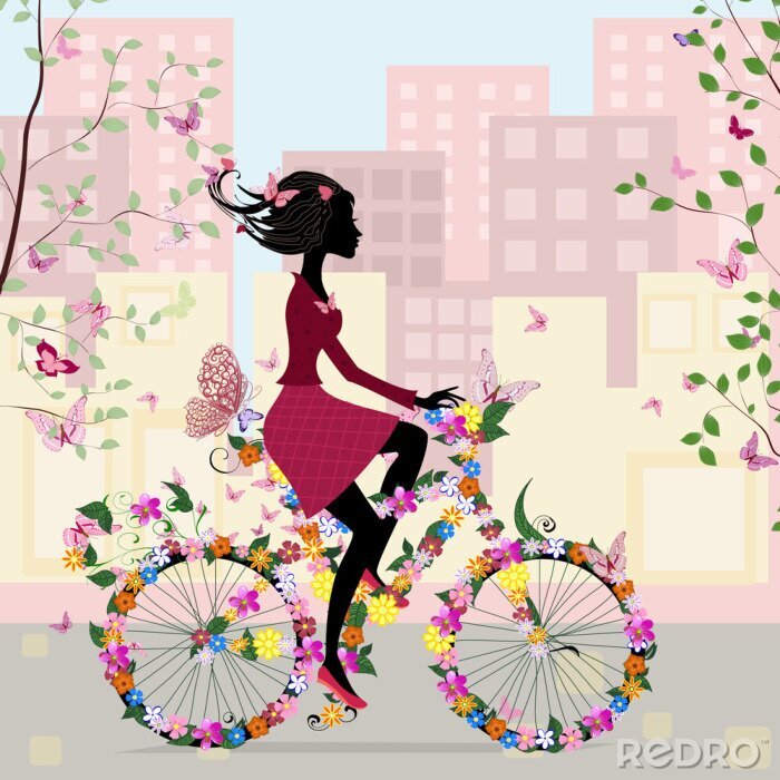 Papier peint  Papillons sur un vélo de femme