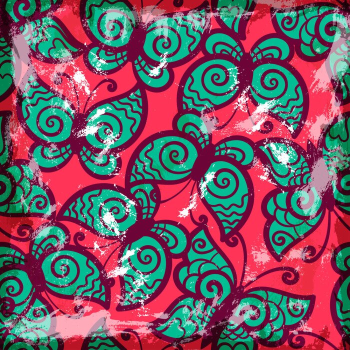 Papier peint  Papillons verts sur fond rouge