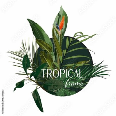 Papier peint  Paradise exotic leaves and strelitzia flowers. Card template composition. Detailed  design illustration. Valentine. Wedding. Poster. T-shirt print. Party invitation.