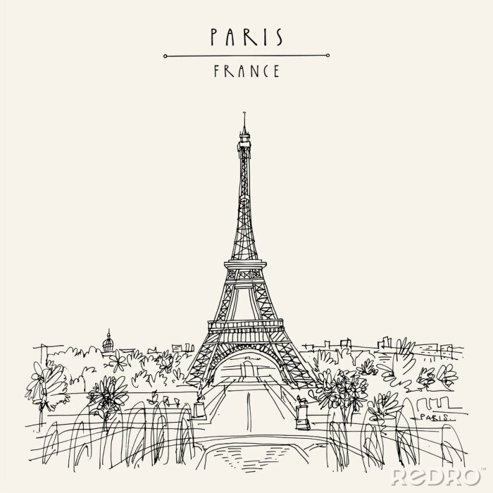 Papier peint   Paris, France, Europe. Eiffel Tower. Artistic hand drawing in retro style. European travel sketch. Vintage hand drawn touristic postcard, poster or book illustration in vector