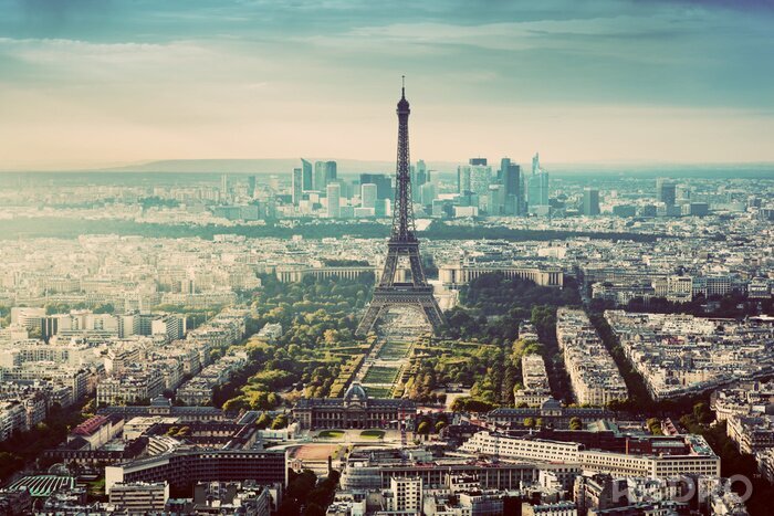 Papier peint  Paris, France horizonte vintage, panorama. Tour Eiffel, Champ de Mars