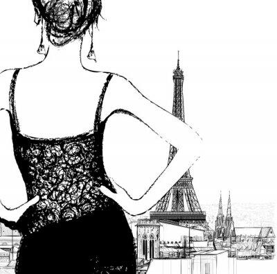 Papier peint  Paris, la Tour Eiffel et une femme
