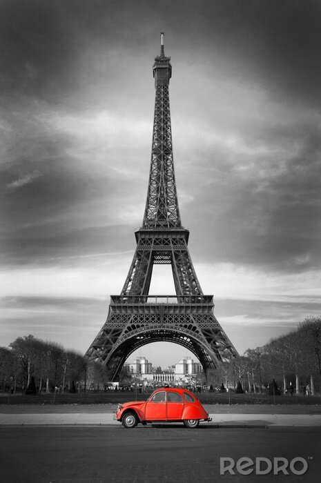 Papier peint  Paris Tour Eiffel et voiture rouge