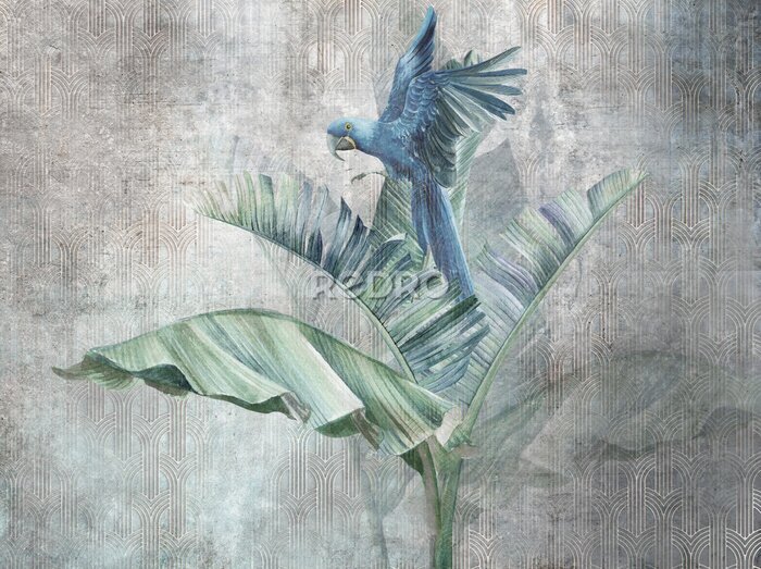 Papier peint  Parrot on big banana leaves. Grunge photo wallpaper with abstract elements . for wallpaper, fresco, mural, poster, card.