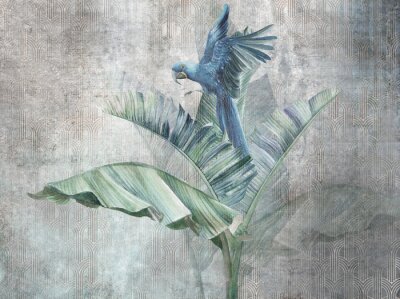 Papier peint  Parrot on big banana leaves. Grunge photo wallpaper with abstract elements . for wallpaper, fresco, mural, poster, card.