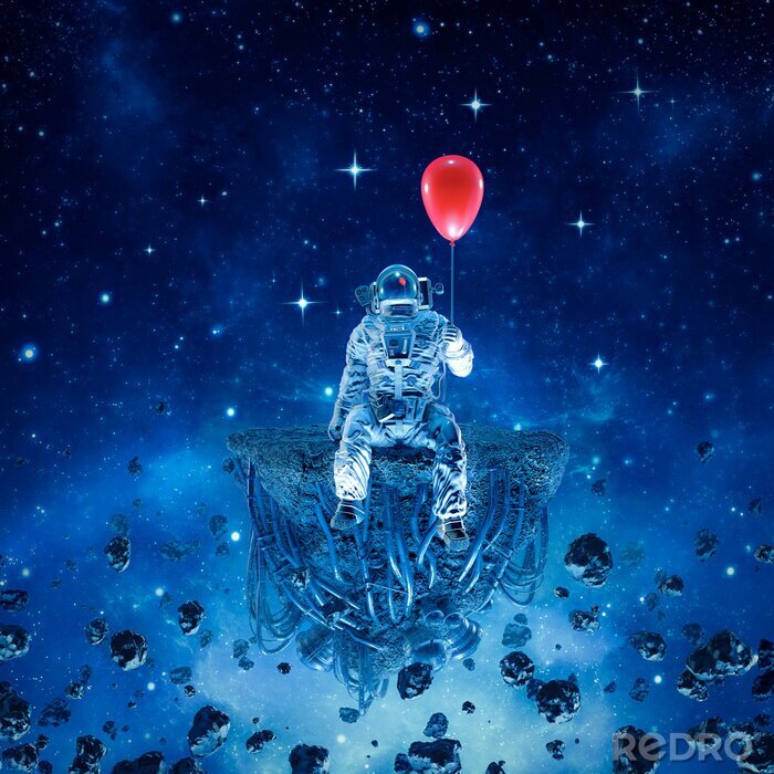 Papier peint  Party of one / 3D illustration of surreal science fiction scene with astronaut sitting on artificial asteroid holding red balloon in outer space
