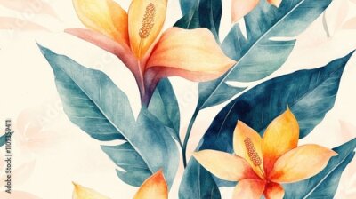 Papier peint  Pastel watercolor seamless pattern featuring strelitzia flowers and tropical leaves perfect for fabric design and wallpaper