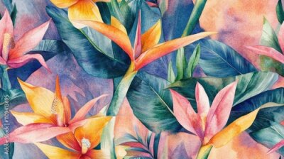 Papier peint  Pastel watercolor seamless pattern featuring strelitzia flowers and tropical leaves perfect for fabric design and wallpaper