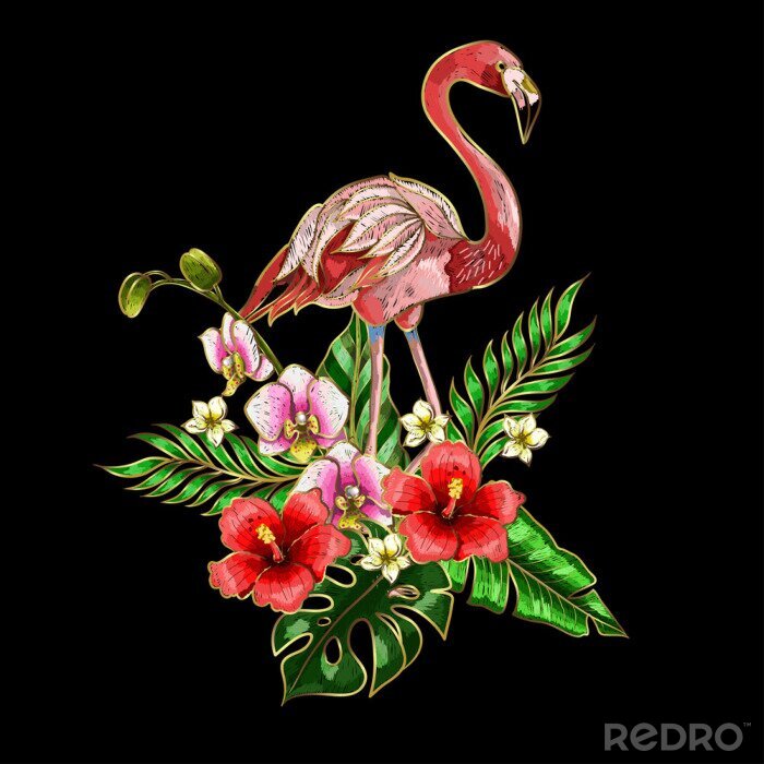 Papier peint  Patchs de broderie Flamingo avec des fleurs et des feuilles tropicales.