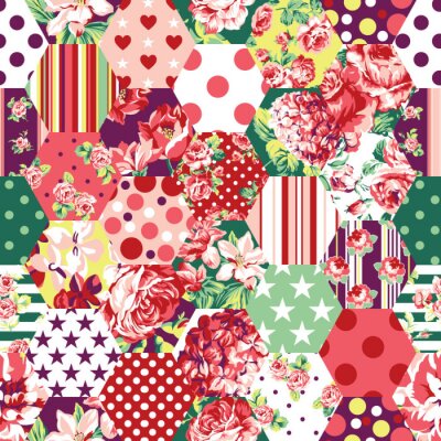 Papier peint à motif  Patchwork abstrait avec des fleurs, des roses, des points et des étoiles vecteur seamless pattern background