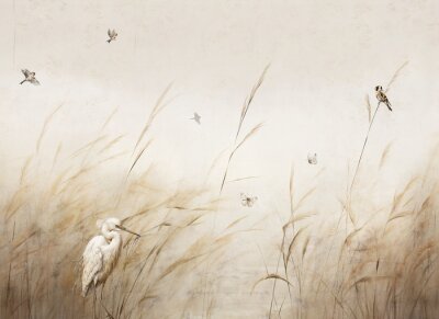 Papier peint  Pattern bird egrets and butterflies sparrow perches .