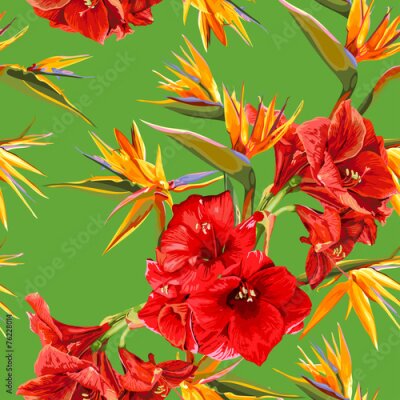 Papier peint  pattern de fleurs de amaryllis et Strelitzia