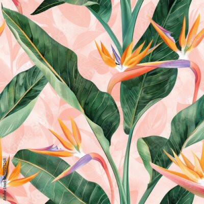 Papier peint  pattern with orange strelitzia flowers