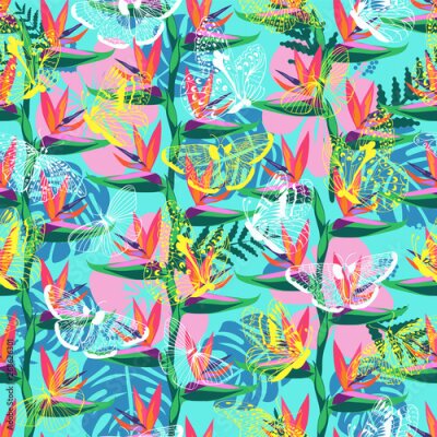 Papier peint  pattern with the bird of paradise flower (Strelitzia )and butterflies exotic background.