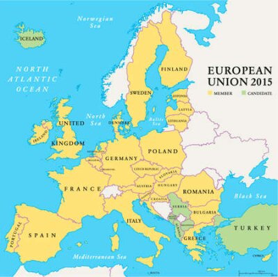 Papier peint  Pays de l'Union européenne carte politique avec des frontières nationales. Les pays membres et candidats de 2015. étiquetage et mise à l'échelle anglais. Illustration.