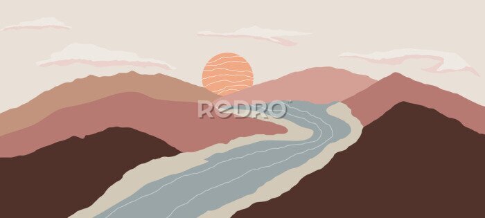 Papier peint  Paysage abstrait avec un coucher de soleil sur une rivière de montagne