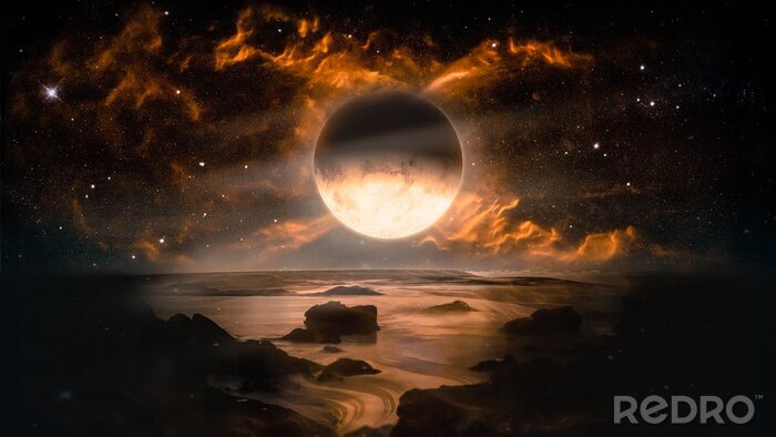 Papier peint  Paysage abstrait d'une lune en flammes dans le ciel