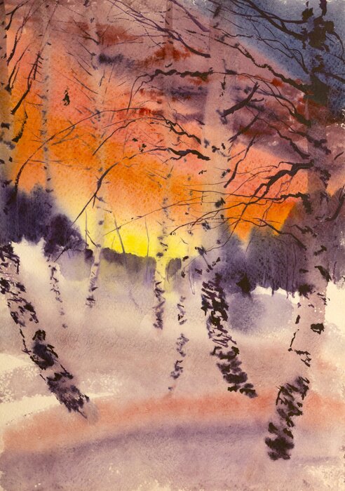 Papier peint  Paysage aquarelle avec bouleaux