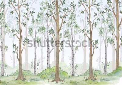 Papier peint  Paysage aquarelle d&#39;arbres dans la forêt