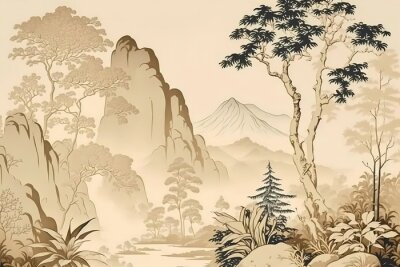 Papier peint  Paysage asiatique en version beige