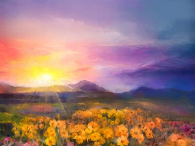 Papier peint  Paysage avec des pâquerettes et le coucher du soleil