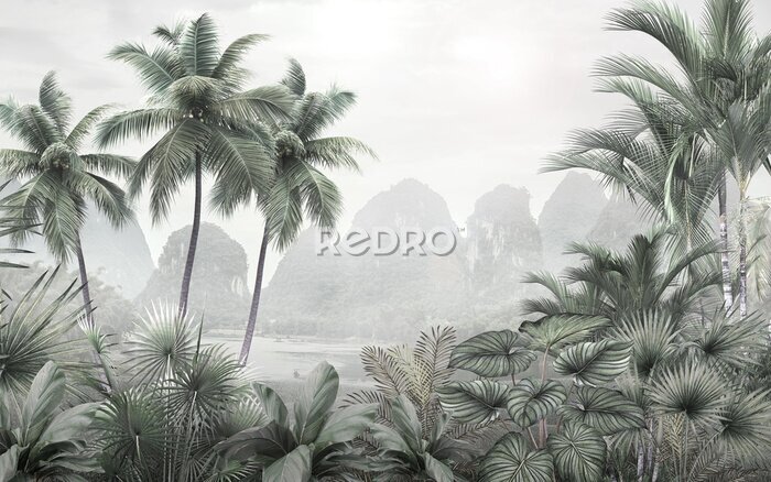 Papier peint  Paysage botanique d&#39;une jungle avec des montagnes en arrière-plan