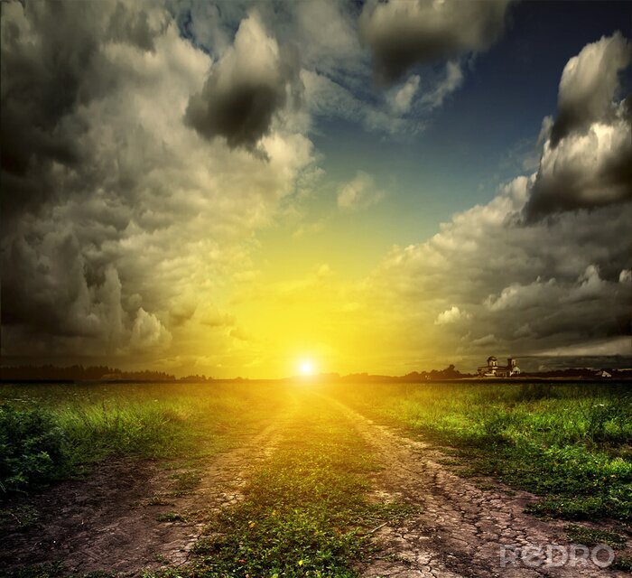 Papier peint  Paysage champêtre au coucher du soleil