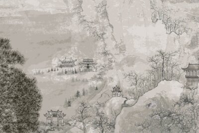 Papier peint  Paysage chinois avec des fleurs de cerisier