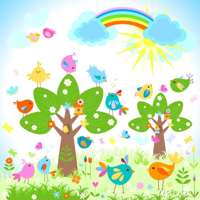 Papier peint  Paysage coloré avec des oiseaux