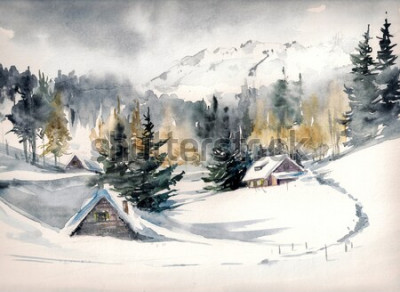 Papier peint  Paysage d'hiver aquarelle