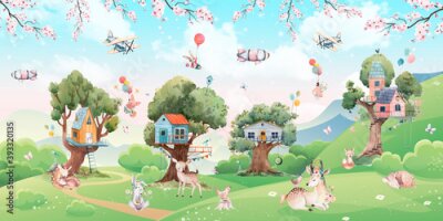 Papier peint  Paysage de conte de fées avec animaux et cabanes dans les arbres