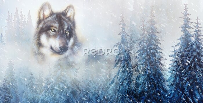 Papier peint  Paysage de montagne enneigé avec un loup