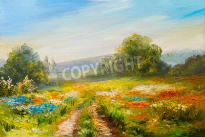 Papier peint  Paysage de peinture à l'huile, champ coloré de fleurs, impressionisme abstrait