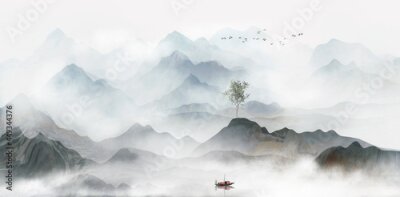 Papier peint  Paysage délicat de montagnes dans le brouillard style artistique