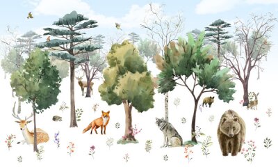 Papier peint  Paysage forestier avec des petits animaux en style aquarelle