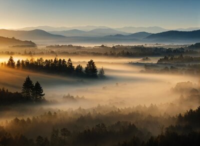 Paysage montagneux avec forêt au lever du soleil